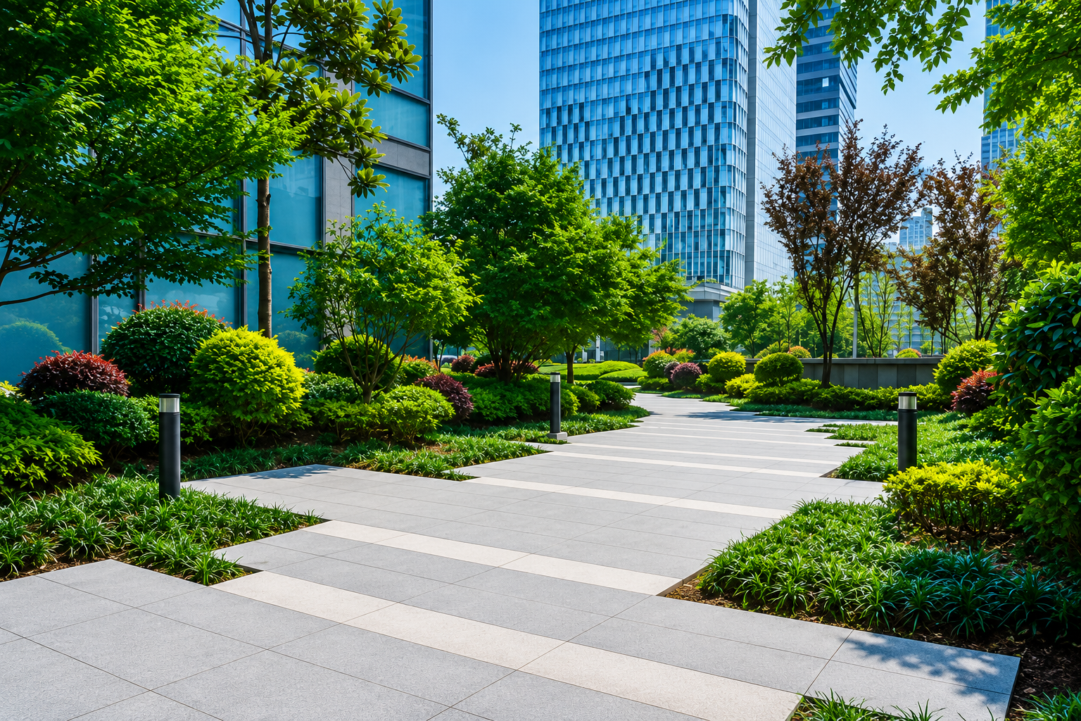 Jardim corporativo com balizadores externos
