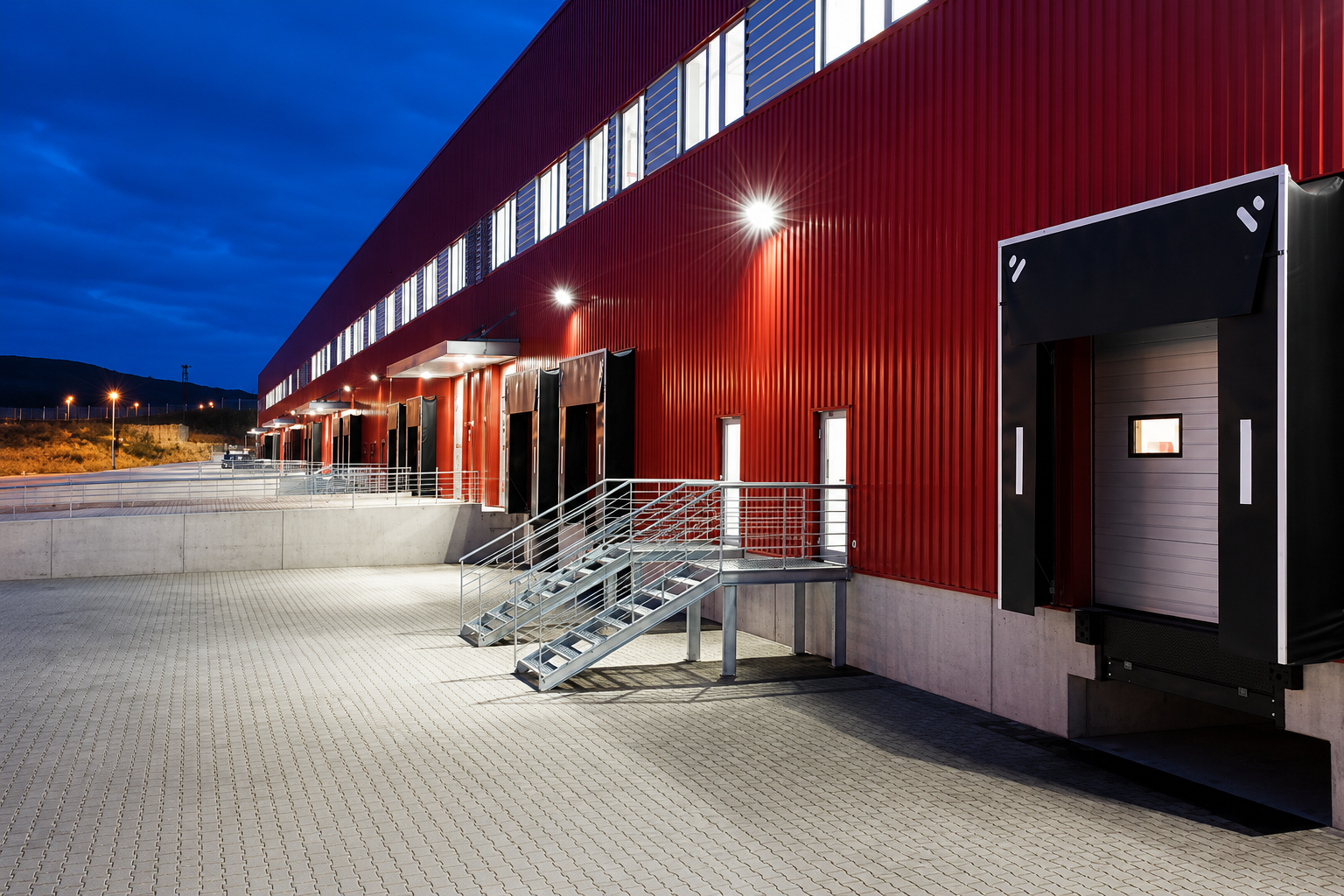 Área externa comercial iluminada com refletores LED
