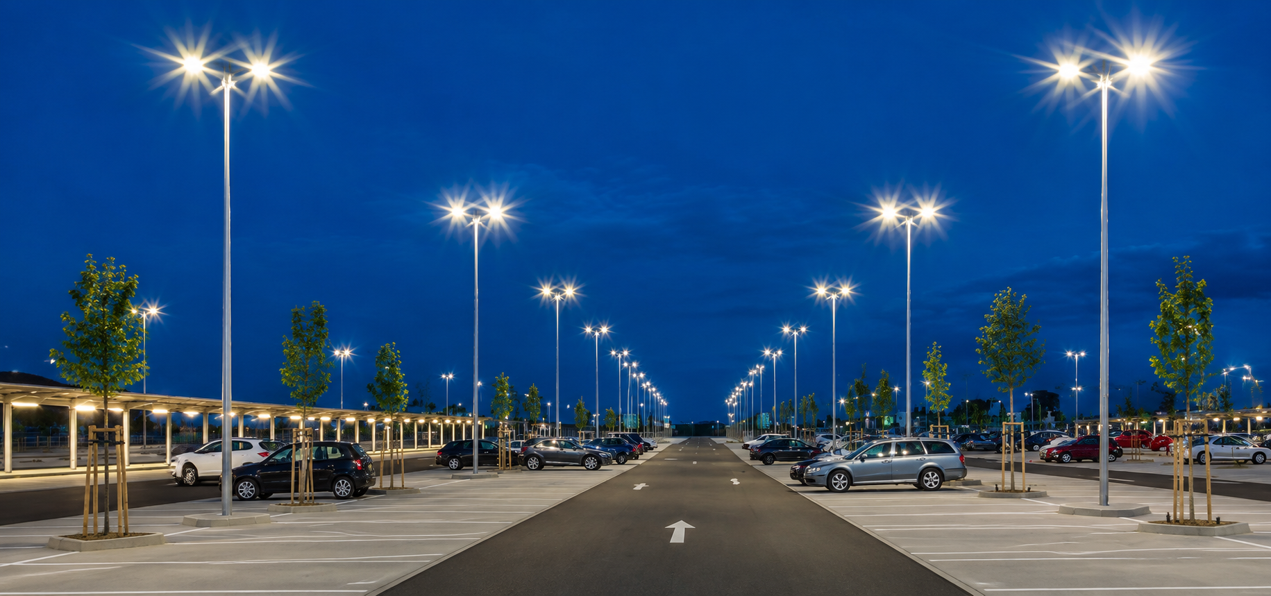 Estacionamento externo iluminado por postes LED